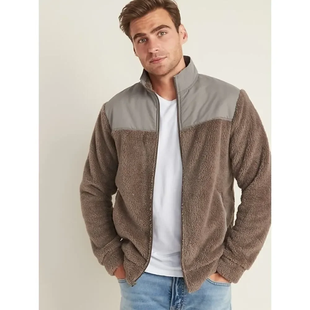 Old Navy Pieced-Yoke Teddy Fleece Jacket Brown Cozy Winter Casual Men's Size M